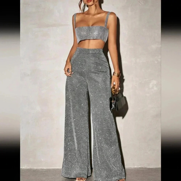 Women Casual High Waist Wide Leg Shiny Knit Long Pants - Picture 2 of 6